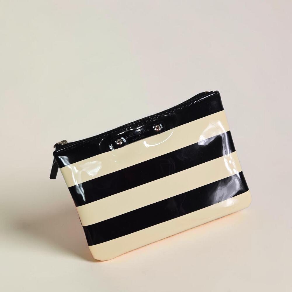 Kate Spade York Street Mini Pouch Black Cream Wallet Vinyl Coin Purse BW Stripes